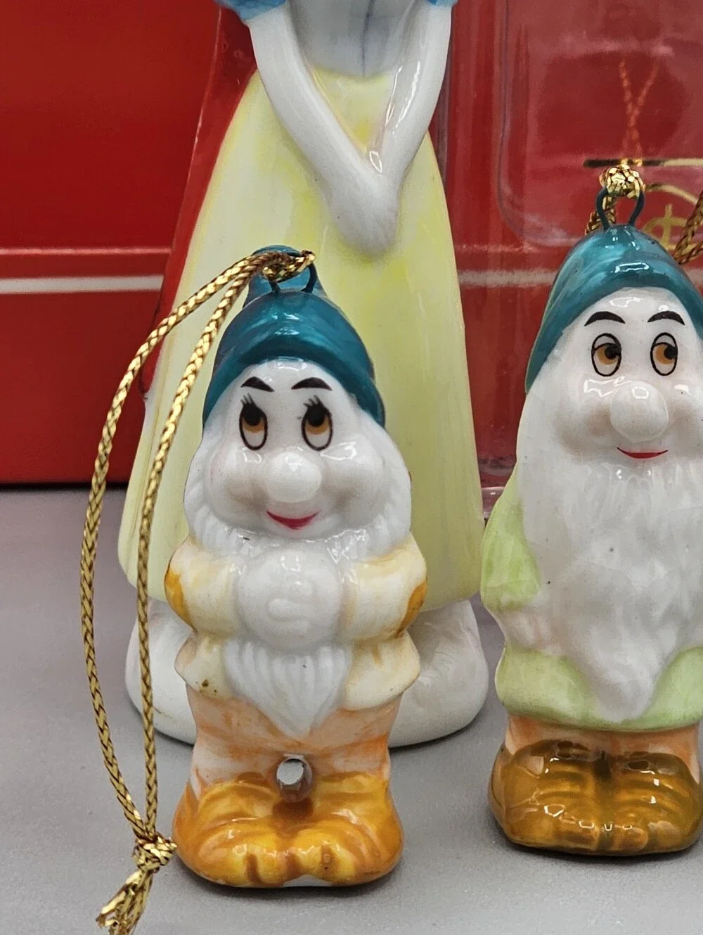 Vtg Disney Snow White 7 Dwarfs Bone China Ornament Set Complete Box Taiwan Rare